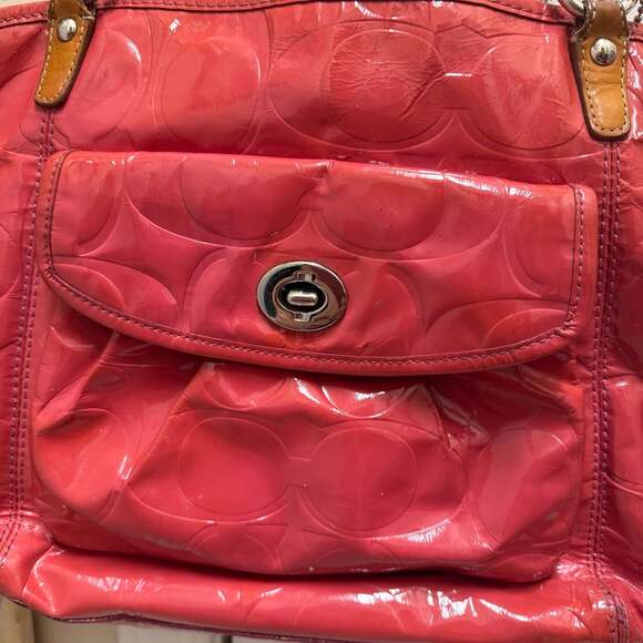 Coach Patent Leather Signature Tote Bag Pink Coral Shoulder Bag Turnlock F14663 - Picture 7 of 7